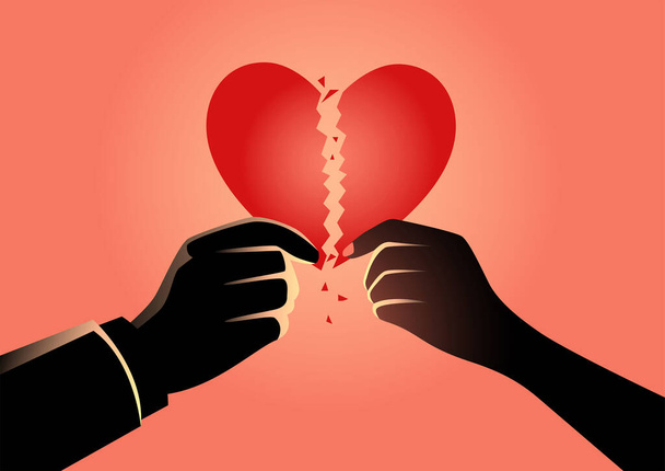 Manos de hombre y mujer sosteniendo símbolo del corazón roto
 - Vector, imagen
