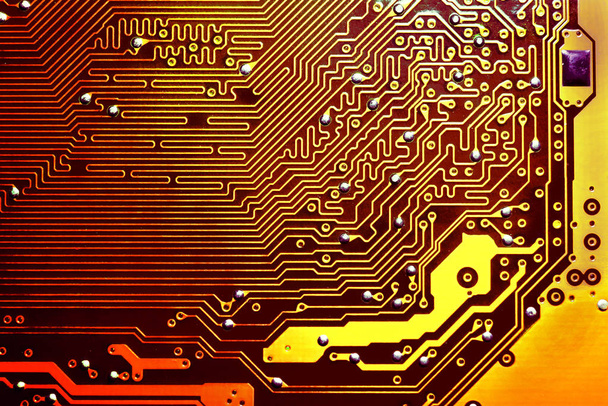 Gold electronic mother board circuit close up macro background. - Photo, Image