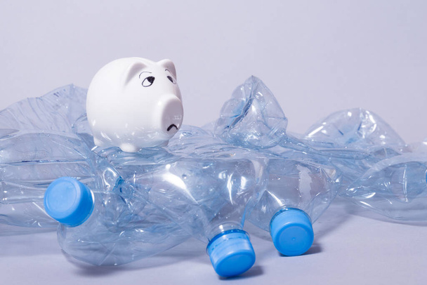Sad piggy bank and bunch of disposable crumpled plastic bottles - Foto, Imagem