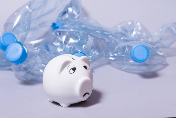 Sad piggy bank and bunch of disposable crumpled plastic bottles - Foto, immagini