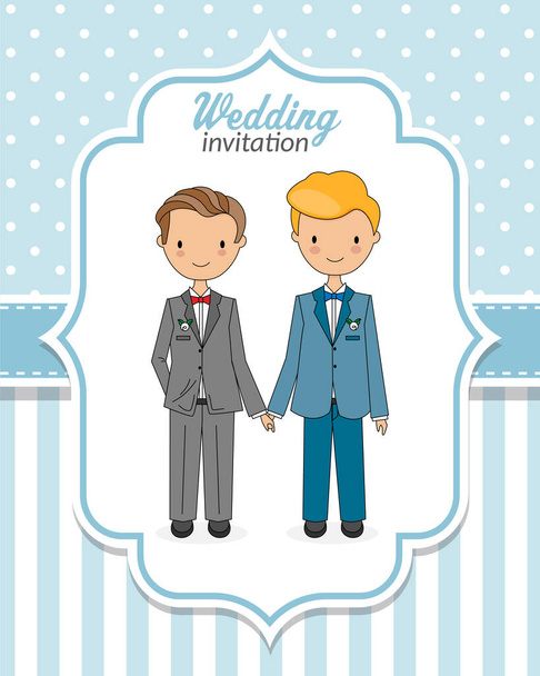 Gay marriage wedding invitation. Two men holding hands - Vector, Image