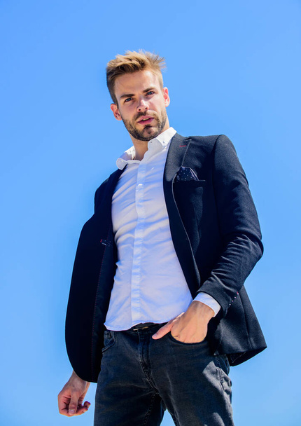 Ready to work. Male fashion. Formal style. Confident handsome businessman. Handsome man fashion model. Looking impeccable. Handsome guy posing in formal suit blue sky background. Office worker - Fotografie, Obrázek