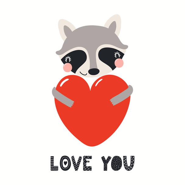Hand drawn Valentines day card with cute raccoon with heart, quote Love you isolated on white background. Scandinavian style flat design. Concept for kids print  - Vector, Image