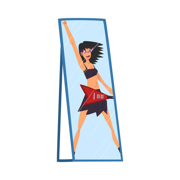 Reflection of Successful Slim Girl with Guitar in the Mirror, Alter Ego Concept Vector Illustration - Vector, Image