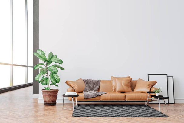 3D schönes Interieur mit Couch und Zimmerpflanze - Foto, Bild