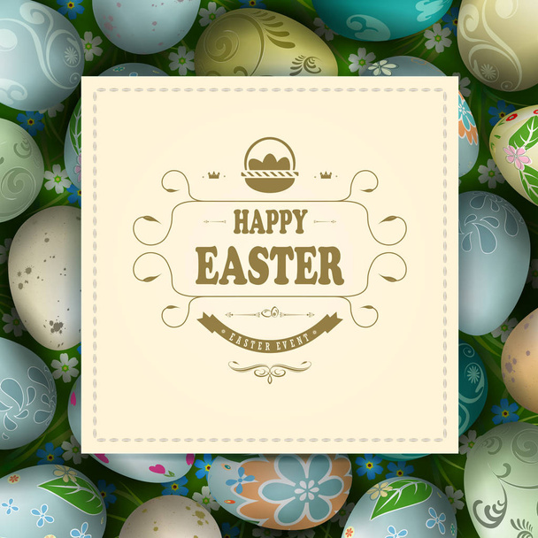 Composición de Pascua con un marco cuadrado con trenza entrelazada y un conjunto de huevos de Pascua
 - Vector, imagen
