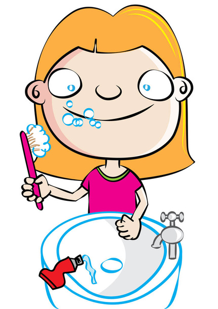 funny cute white girl brushing teeth - Vektori, kuva