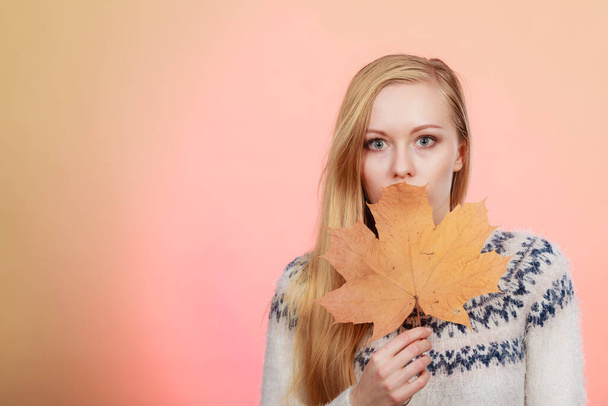 Woman holding orange autumn leaf - 写真・画像