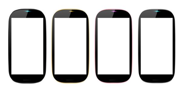 4 кольори смартфонів, мобільний телефон ізольований, порожній дисплей, Векторне зображення ілюстрації
. - Вектор, зображення