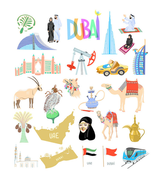 conjunto de 25 mano dibujo icono símbolo de Dubai, Emiratos Árabes Unidos, Oriente Medio
 - Vector, Imagen