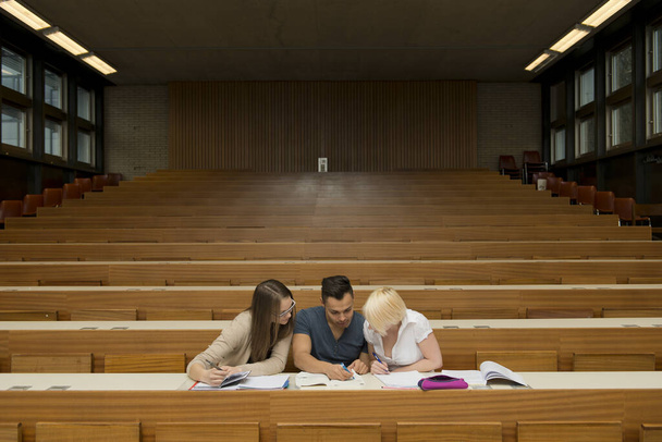 a student and two female students learn together in the lecture hall - Fotó, kép