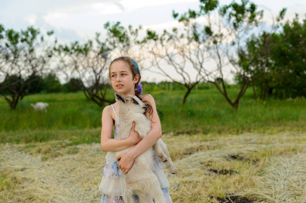 girl with baby goat on farm outdoors. Village animals. happy child hugs goat, concept of unity of nature and man. - Photo, Image