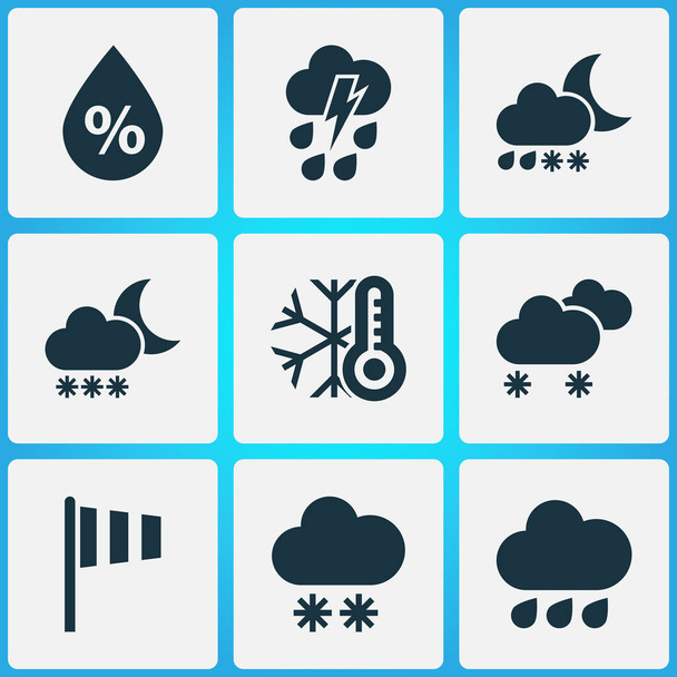 Clima icone impostato con freddo, tuono doccia, palude e altri nuvoloso piccola quantità di elementi di neve. Isolato illustrazione icone del clima
. - Foto, immagini