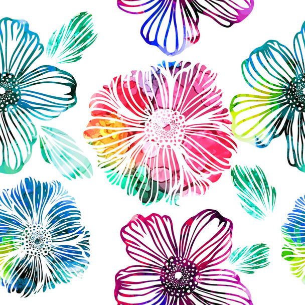A seamless backdrop of multicolored flowers. Mixed media. Vector illustration - Vetor, Imagem