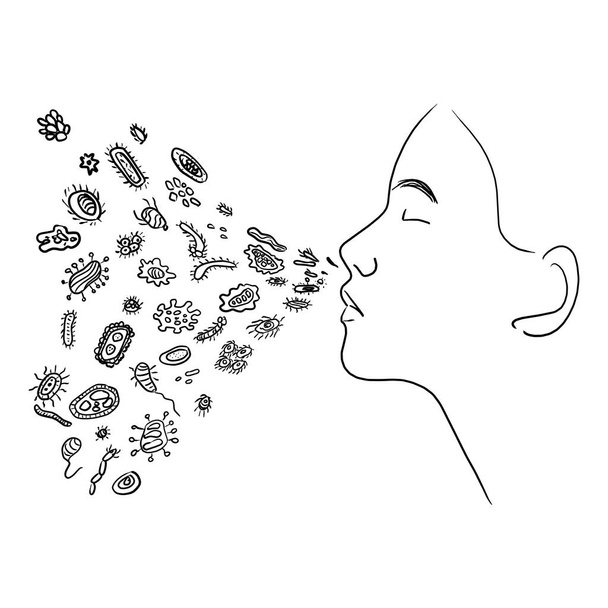 close-up human inhales or exhales germs vector illustration sketch doodle hand drawn isolated on white background - Vektör, Görsel
