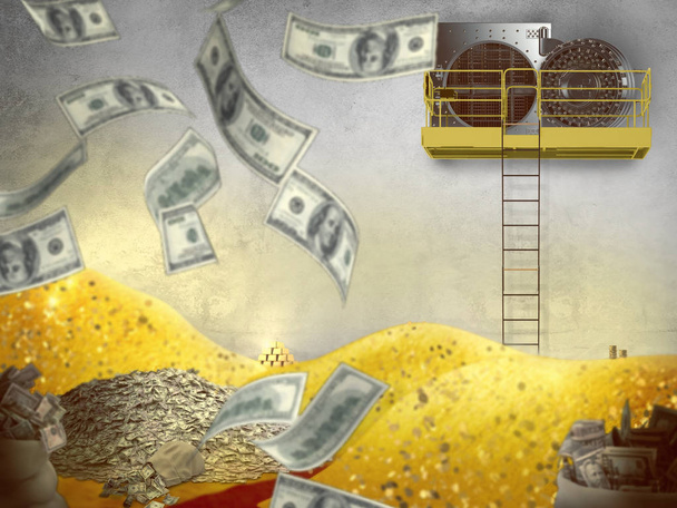 сокровищница, полная денег и золота - 3D-иллюстрация
 - Фото, изображение