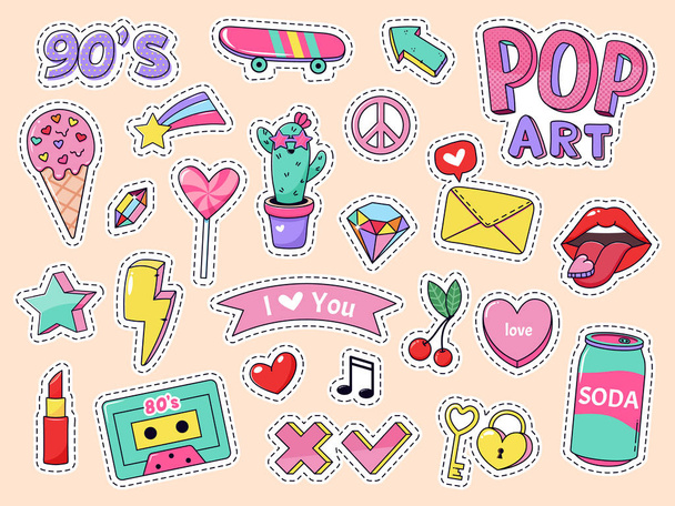 Fashion pop art patch stickers. Girls cartoon cute badges, doodle teenage patches with lipstick, cute food and 90s elements, retro sticker pack vector illustration icon set - Vector, Image