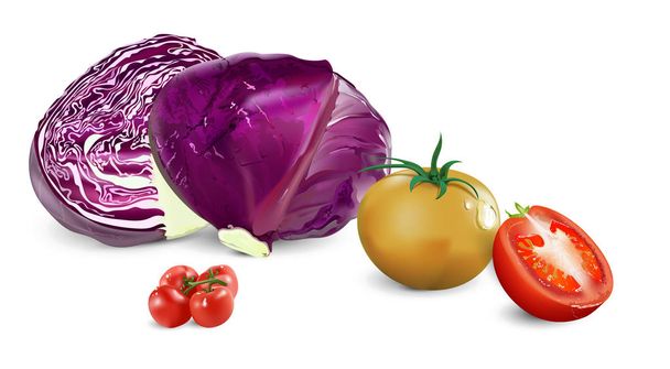 Blue cabbage and tomatoes on a white background. - Διάνυσμα, εικόνα