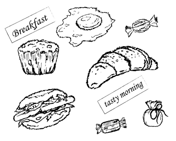 Breakfast, good morning. Vector breakfast and morning icon set. Morning meal for menu design. Collection for breakfasts and brunches. Vintage hand drawn sketch, vector illustration. - Vector, Image