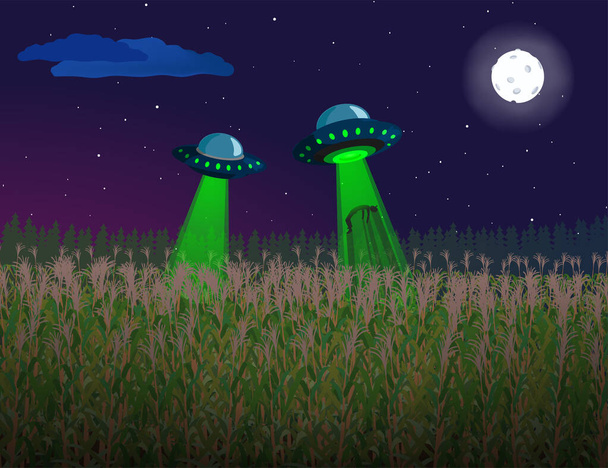 UFO abducts human. Space ship UFO ray of light in the night sky. Vector illustration - Vector, Image