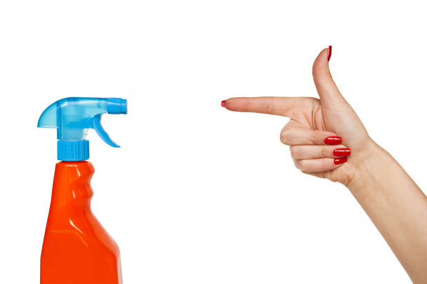 Female hand pointing to spray- cleaning - concept - Foto, Imagen