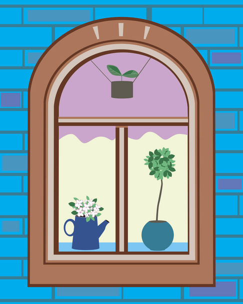 Вікно на відкритому повітрі з рослинами та консерваторією та архітектурою сільського будівництва, векторна стокова ілюстрація з милою затишною консерваторією, листям та квітами
 - Вектор, зображення