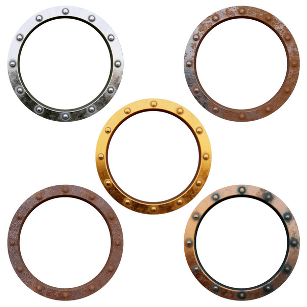 Пять различных круглых металлических рам, изолированных на белом фоне
 - Фото, изображение