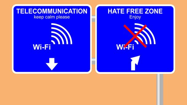 Internet, irony, signs collectively. Deviation to enjoy peace without network. Hate free zone. Traffic signal graph. Illustration with reference to the Wi-Fi. Directional wayfinding signage. Transport. - Photo, Image