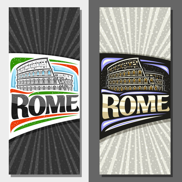 コピースペースのあるローマのためのベクトルレイアウト、空の背景に黒と白のイラストと照明された古いローマのコロッセオ、単語ローマのためのブラシの文字を持つ観光カード. - ベクター画像