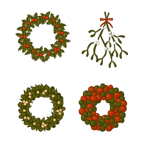 Set of Christmas wreath and a bough of mistletoe. - Вектор,изображение