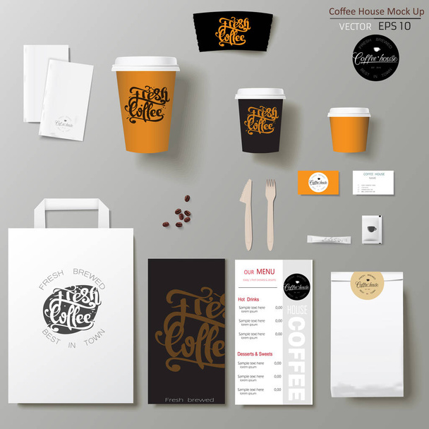 Coffee shop corporate identity template design set with calligraphy logo. Take away mock up - Vetor, Imagem