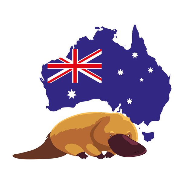 kacsacsőrű emlős ausztrál térképpel a háttérben - Vektor, kép