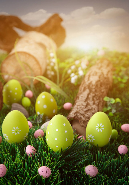 Colorful Easter eggs. Holiday nature concept with easter hunt. Eggs in the sunny meadow - 写真・画像