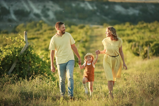 Сім'я з трьох мам тато і дочка ходять у виноградному полі
 - Фото, зображення
