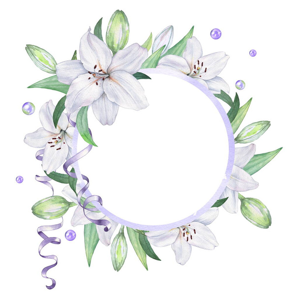 Round frame of white lilies and satin ribbons. Watercolor illustration. Isolated on white. Ideal for decorating wedding invitations, albums, and posters - Photo, Image