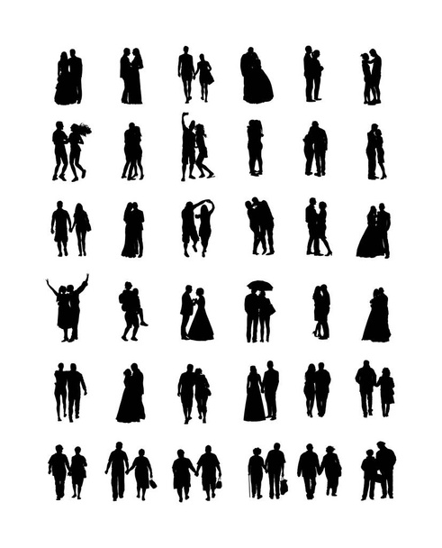 Couple in love silhouette vector big collection. Woman and man in love. Girl and boy dancing. Wedding couple, bride and groom ceremony. Senior people closeness. All generations family people set. - Vector, Image