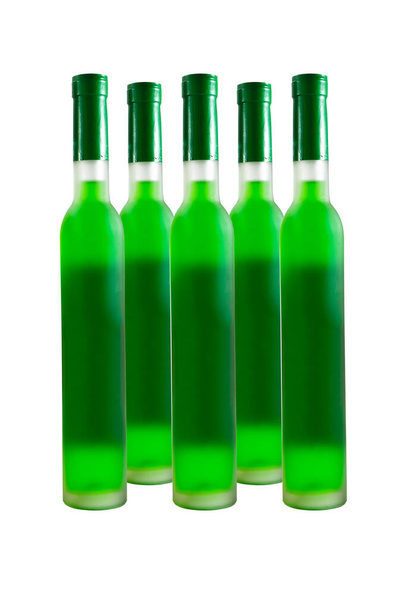 Green wine bottles in row isolated on white. - Foto, imagen