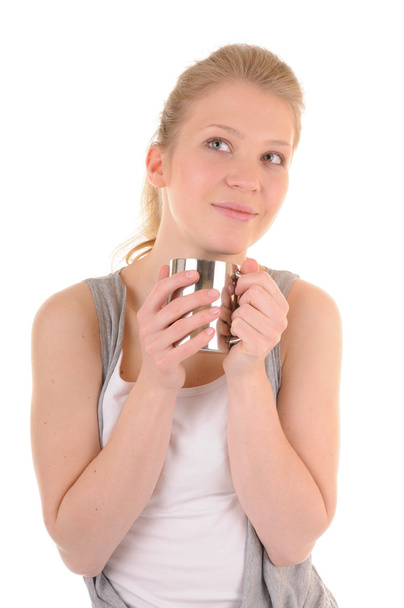 Woman with metal cup - Zdjęcie, obraz
