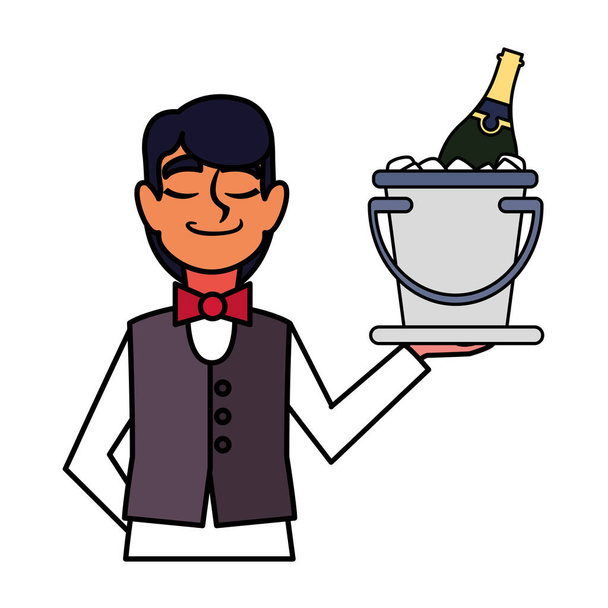 hombre camarero celebración bandeja con botella de vino sobre fondo blanco
 - Vector, Imagen
