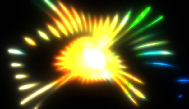 Dynamic rays of light isolated on black background. Graphic 2D illustration of glowing colorful light particles. - 写真・画像