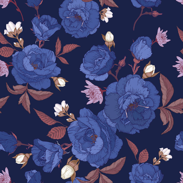 Vector floral seamless pattern with blue roses, chrysanthemums and white jasmine - Vektor, obrázek