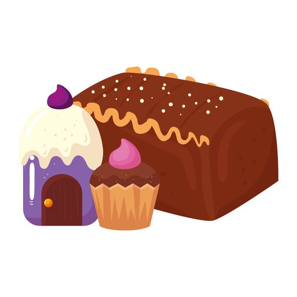 delicious cake chocolate with cupcakes - Vector, Image