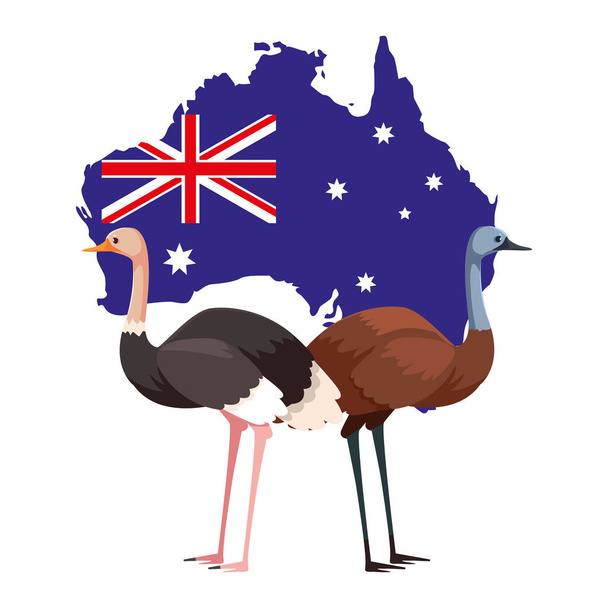 emu és strucc ausztrál térképpel a háttérben - Vektor, kép