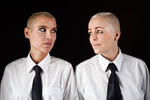 beautiful women with short hair wearing mens clothes - 写真・画像