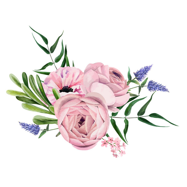 Watercolor floral arrangement, hand drawn vector image - Вектор,изображение