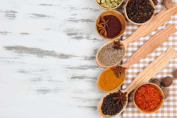 Various spices and herbs on table close up - Photo, Image