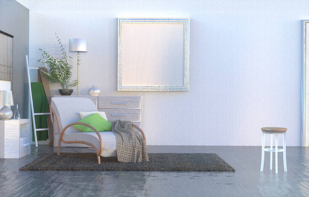 3Dリビングルームのコンセプトの北欧インテリアのイラスト,白い壁にライトグレーのソファ, 3Dレンダリング - 写真・画像