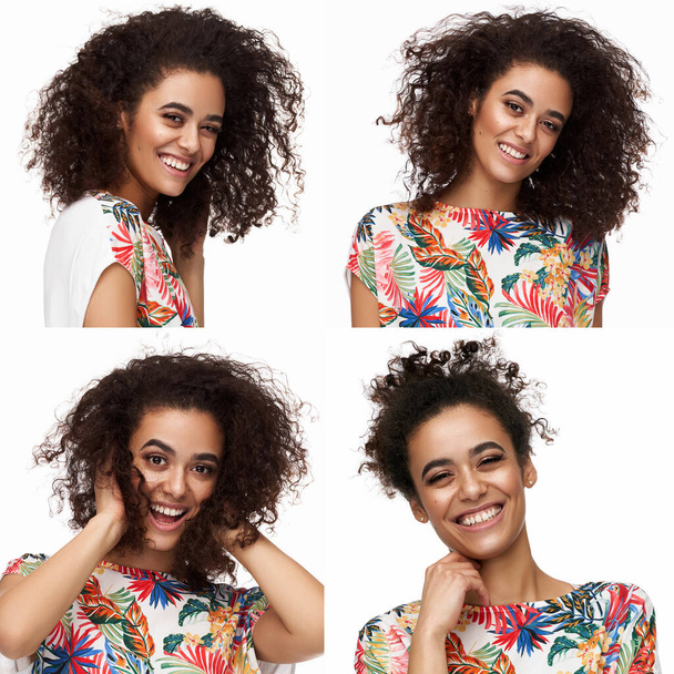 Collage picture of cheerful adult latin woman expressing happine - Foto, immagini