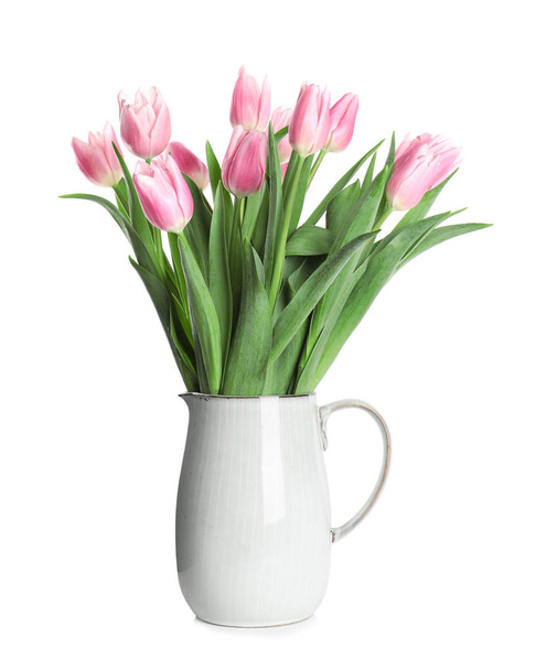 Beautiful pink spring tulips in vase isolated on white - Foto, Imagem