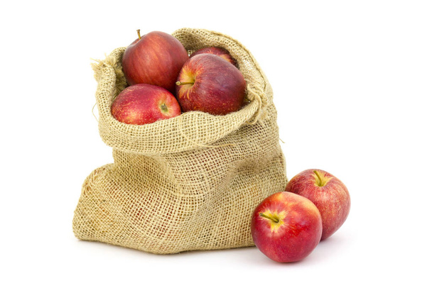 Burlap sack with apples on white background - Fotoğraf, Görsel
